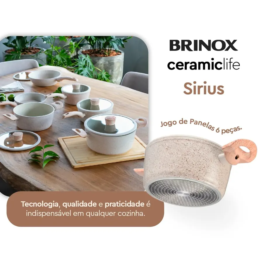 Jogo de Panelas Brinox Antiaderente Ceramic Life 6 Peças Sirius com Indução Vanilla